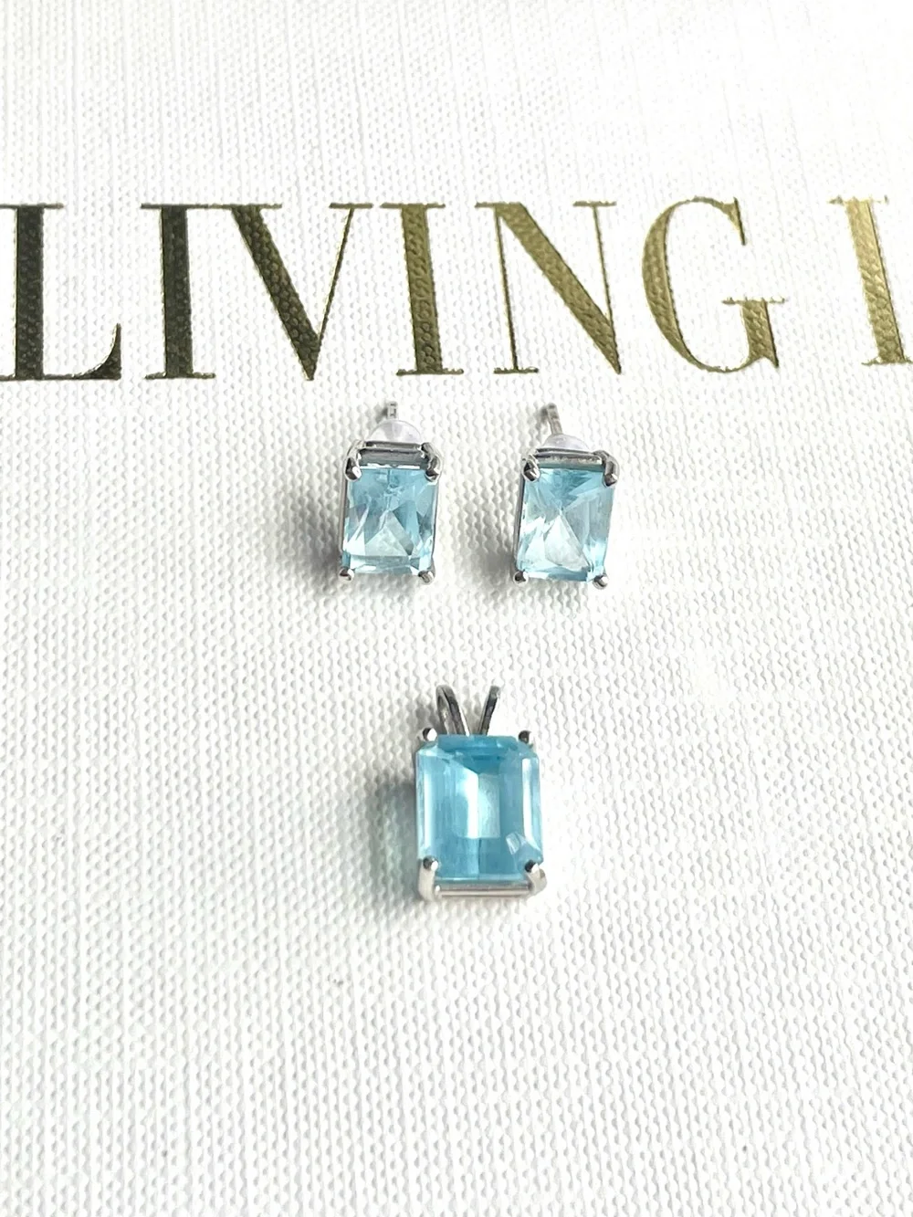 14K White Gold Blue Gemstone Emerald Cut Stud Earrings Pendant 3 pc Jewelry Set